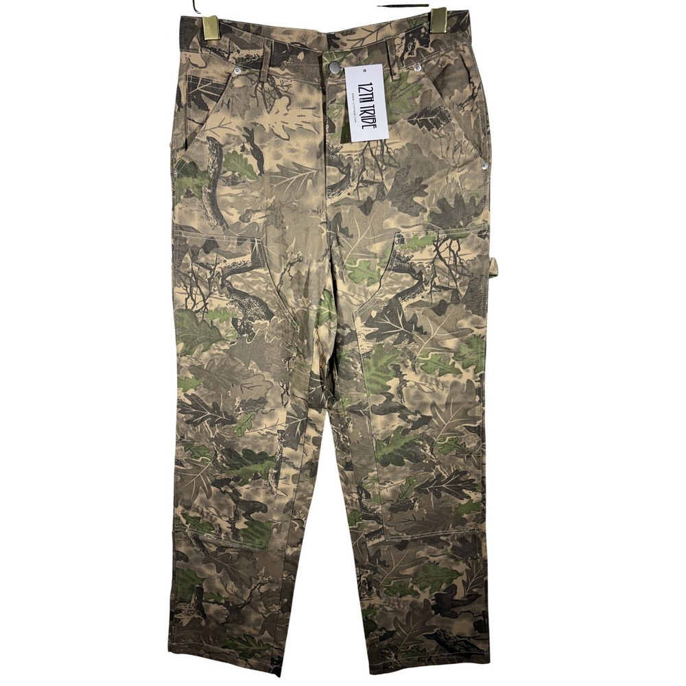 12th Tribe Camo Carpenter Pants Green Brown Forest Camouflage Utility NWT - Picture 3 of 12